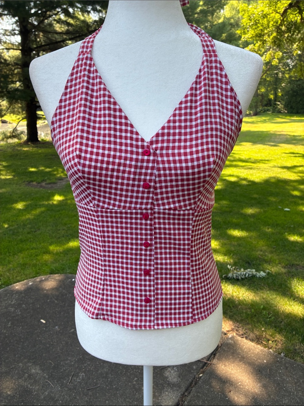 Red Gingham Halter Faux Button-Front Women's Halter Top